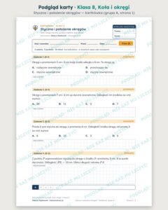 Koła i okręgi — cały dział, klasa 8 (3 pakiety) — podgląd karty „Styczna i położenie okręgów — kartkówka”