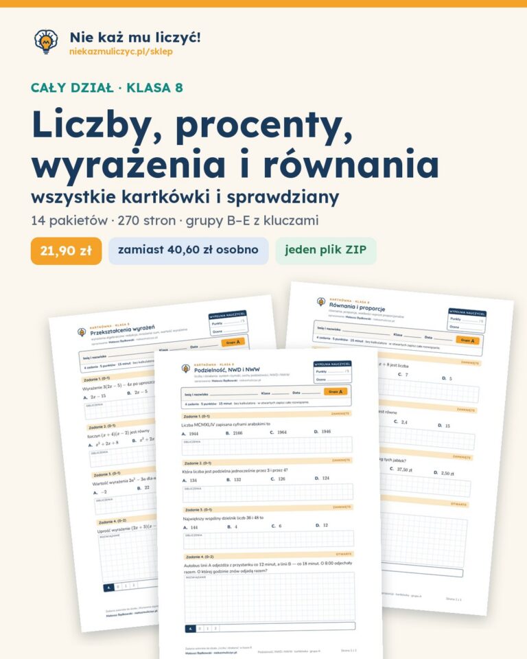 Liczby, procenty, wyrażenia i równania — cały dział, klasa 8 (14 pakietów) — okładka pakietu