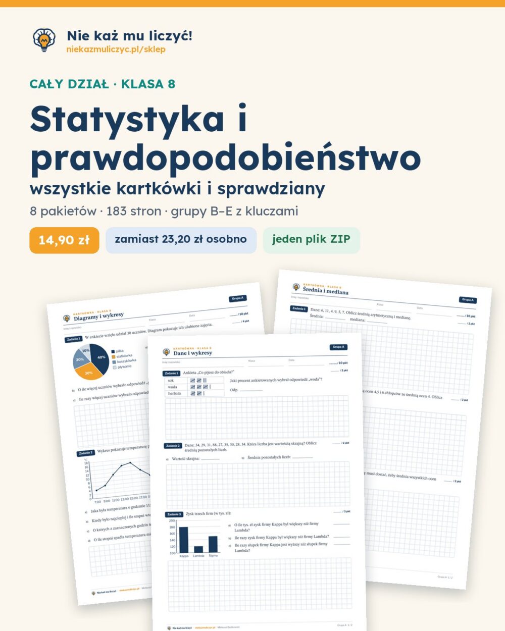 Statystyka i prawdopodobieństwo — cały dział, klasa 8 (8 pakietów) — okładka pakietu