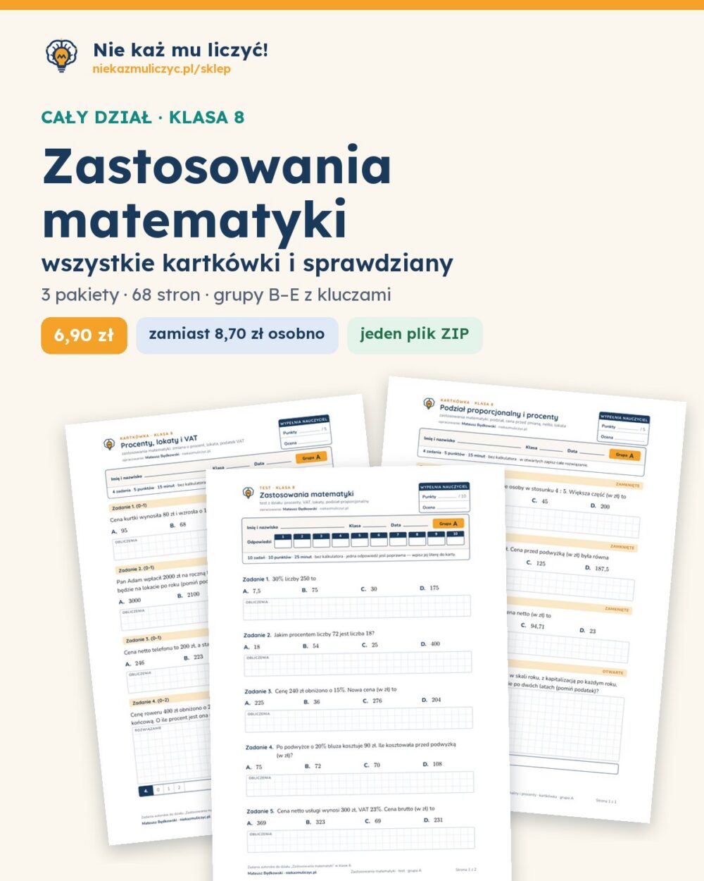 Zastosowania matematyki — cały dział, klasa 8 (3 pakiety) — okładka pakietu