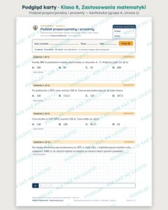 Zastosowania matematyki — cały dział, klasa 8 (3 pakiety) — podgląd karty „Podział proporcjonalny i procenty — kartkówka”