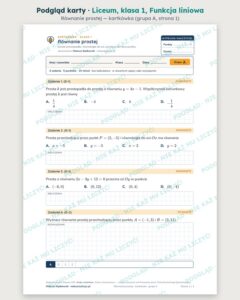 Funkcja liniowa — cały dział, liceum, klasa 1 (5 pakietów) — podgląd karty „Równanie prostej — kartkówka”