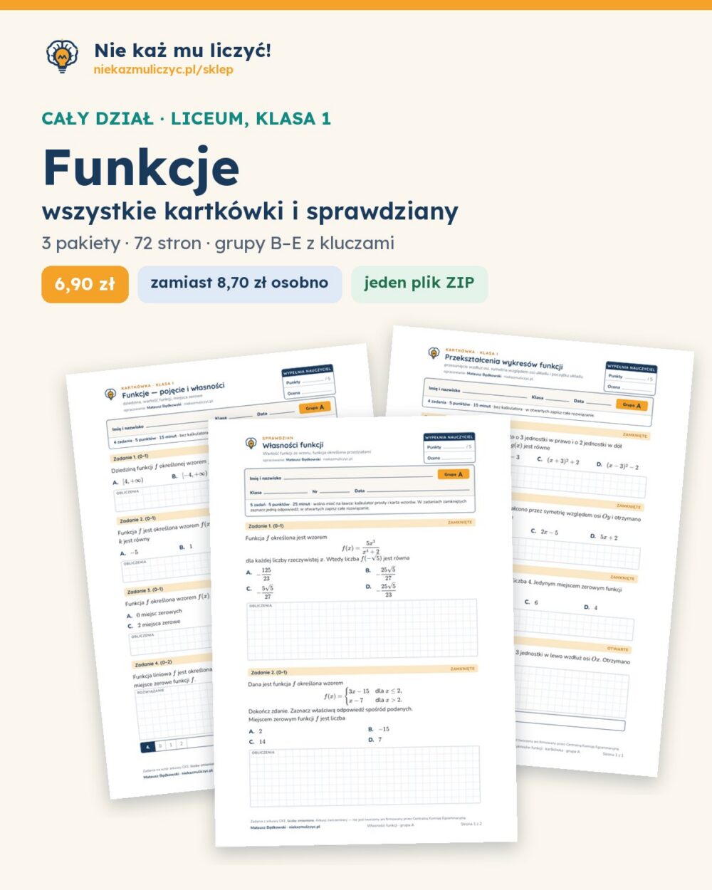 Funkcje — cały dział, liceum, klasa 1 (3 pakiety) — okładka pakietu