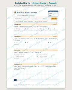 Funkcje — cały dział, liceum, klasa 1 (3 pakiety) — podgląd karty „Funkcje — pojęcie i własności — kartkówka”