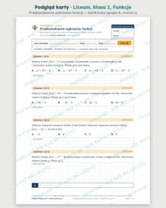 Funkcje — cały dział, liceum, klasa 1 (3 pakiety) — podgląd karty „Przekształcenia wykresów funkcji — kartkówka”