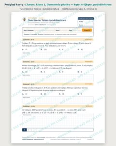 Geometria płaska — kąty, trójkąty, podobieństwo — cały dział, liceum, klasa 1 (5 pakietów) — podgląd karty „Twierdzenie Talesa i podobieństwo — kartkówka”