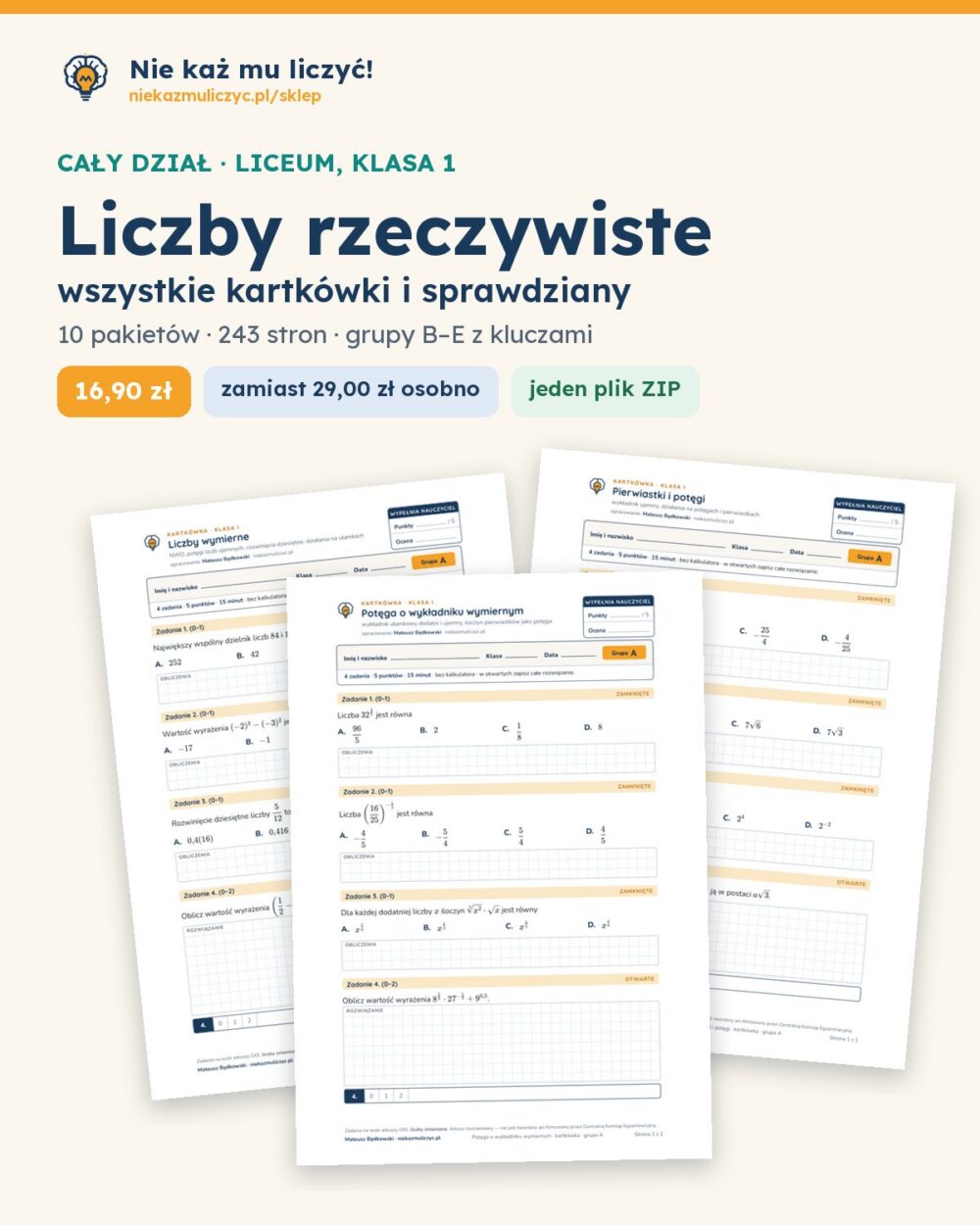 Liczby rzeczywiste — cały dział, liceum, klasa 1 (10 pakietów) — okładka pakietu