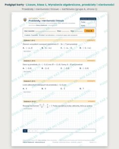 Wyrażenia algebraiczne, przedziały i nierówności — cały dział, liceum, klasa 1 (6 pakietów) — podgląd karty „Przedziały i nierówności liniowe — kartkówka”