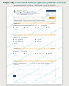 Wyrażenia algebraiczne, przedziały i nierówności — cały dział, liceum, klasa 1 (6 pakietów) — podgląd karty „Wzory skróconego mnożenia — kartkówka”