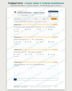 Funkcja kwadratowa — cały dział, liceum, klasa 2 (8 pakietów) — podgląd karty „Funkcja kwadratowa — wykres i postaci — kartkówka”