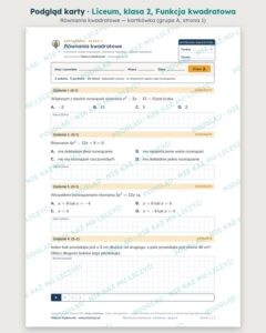 Funkcja kwadratowa — cały dział, liceum, klasa 2 (8 pakietów) — podgląd karty „Równania kwadratowe — kartkówka”