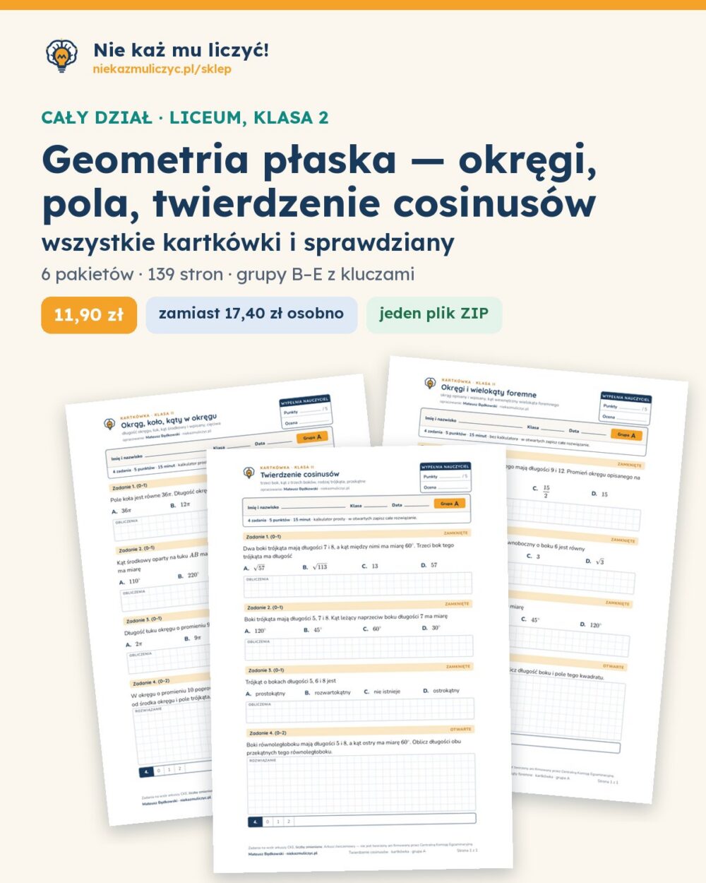 Geometria płaska — okręgi, pola, twierdzenie cosinusów — cały dział, liceum, klasa 2 (6 pakietów) — okładka pakietu