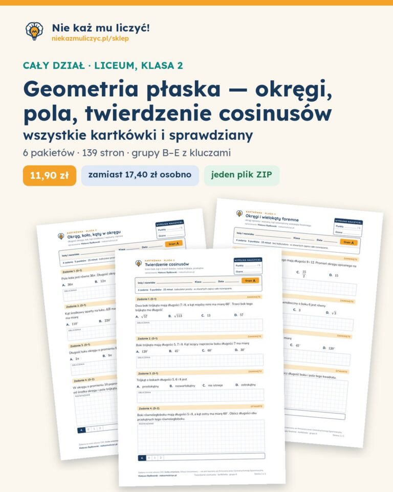 Geometria płaska — okręgi, pola, twierdzenie cosinusów — cały dział, liceum, klasa 2 (6 pakietów) — okładka pakietu