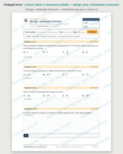 Geometria płaska — okręgi, pola, twierdzenie cosinusów — cały dział, liceum, klasa 2 (6 pakietów) — podgląd karty „Okręgi i wielokąty foremne — kartkówka”