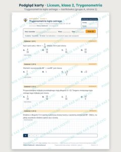 Trygonometria — cały dział, liceum, klasa 2 (6 pakietów) — podgląd karty „Trygonometria kąta ostrego — kartkówka”