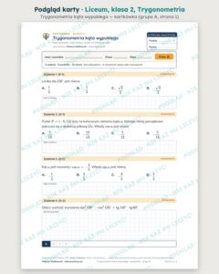 Trygonometria — cały dział, liceum, klasa 2 (6 pakietów) — podgląd karty „Trygonometria kąta wypukłego — kartkówka”