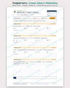 Wielomiany — cały dział, liceum, klasa 2 (3 pakiety) — podgląd karty „Wielomiany — stopień i działania — kartkówka”