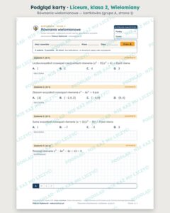 Wielomiany — cały dział, liceum, klasa 2 (3 pakiety) — podgląd karty „Równania wielomianowe — kartkówka”