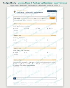 Funkcja wykładnicza i logarytmiczna — cały dział, liceum, klasa 3 (4 pakiety) — podgląd karty „Logarytmy — własności i zastosowania — kartkówka”