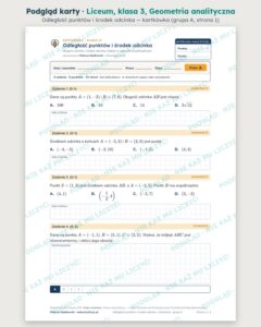 Geometria analityczna — cały dział, liceum, klasa 3 (6 pakietów) — podgląd karty „Odległość punktów i środek odcinka — kartkówka”
