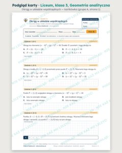 Geometria analityczna — cały dział, liceum, klasa 3 (6 pakietów) — podgląd karty „Okrąg w układzie współrzędnych — kartkówka”