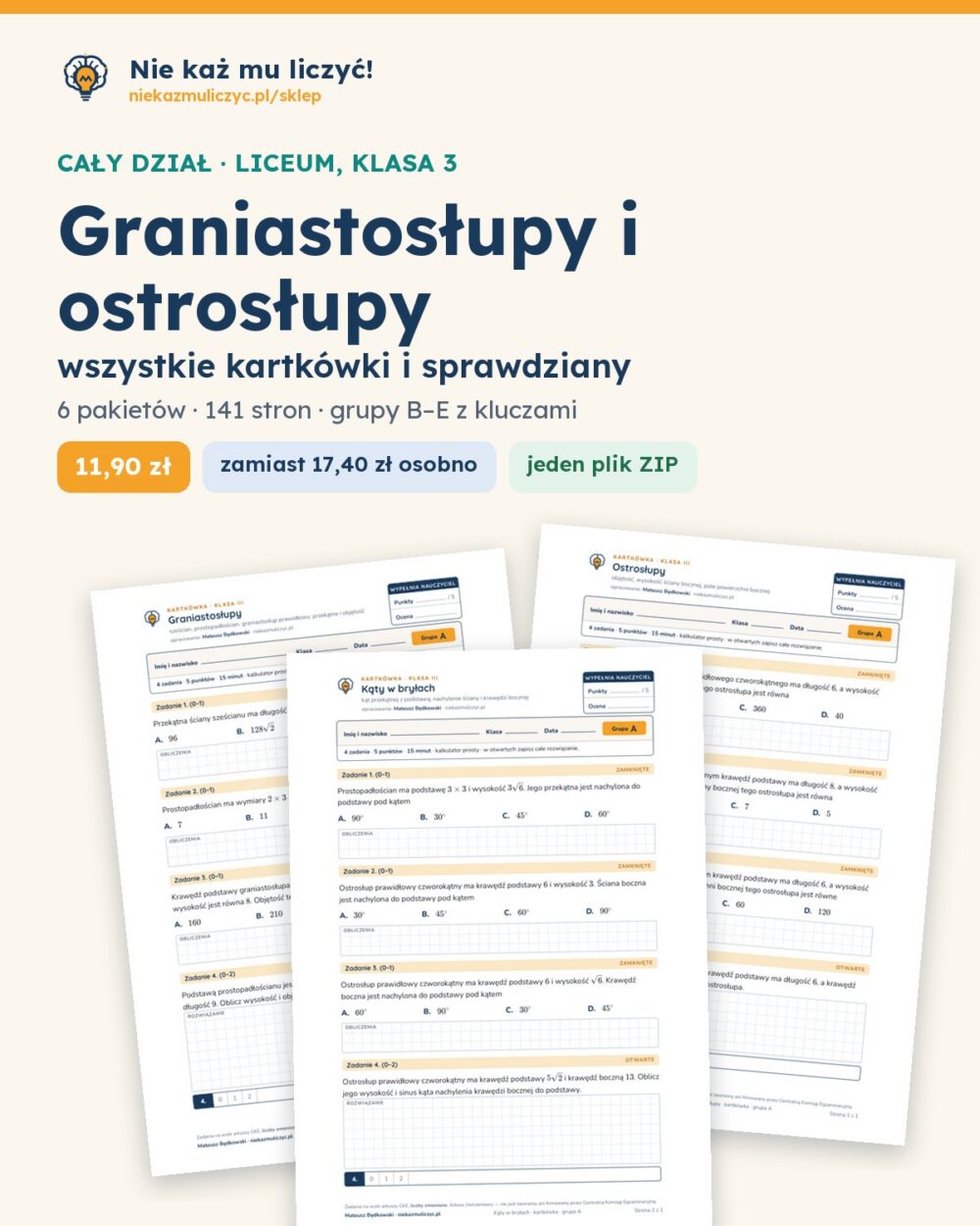 Graniastosłupy i ostrosłupy — cały dział, liceum, klasa 3 (6 pakietów) — okładka pakietu