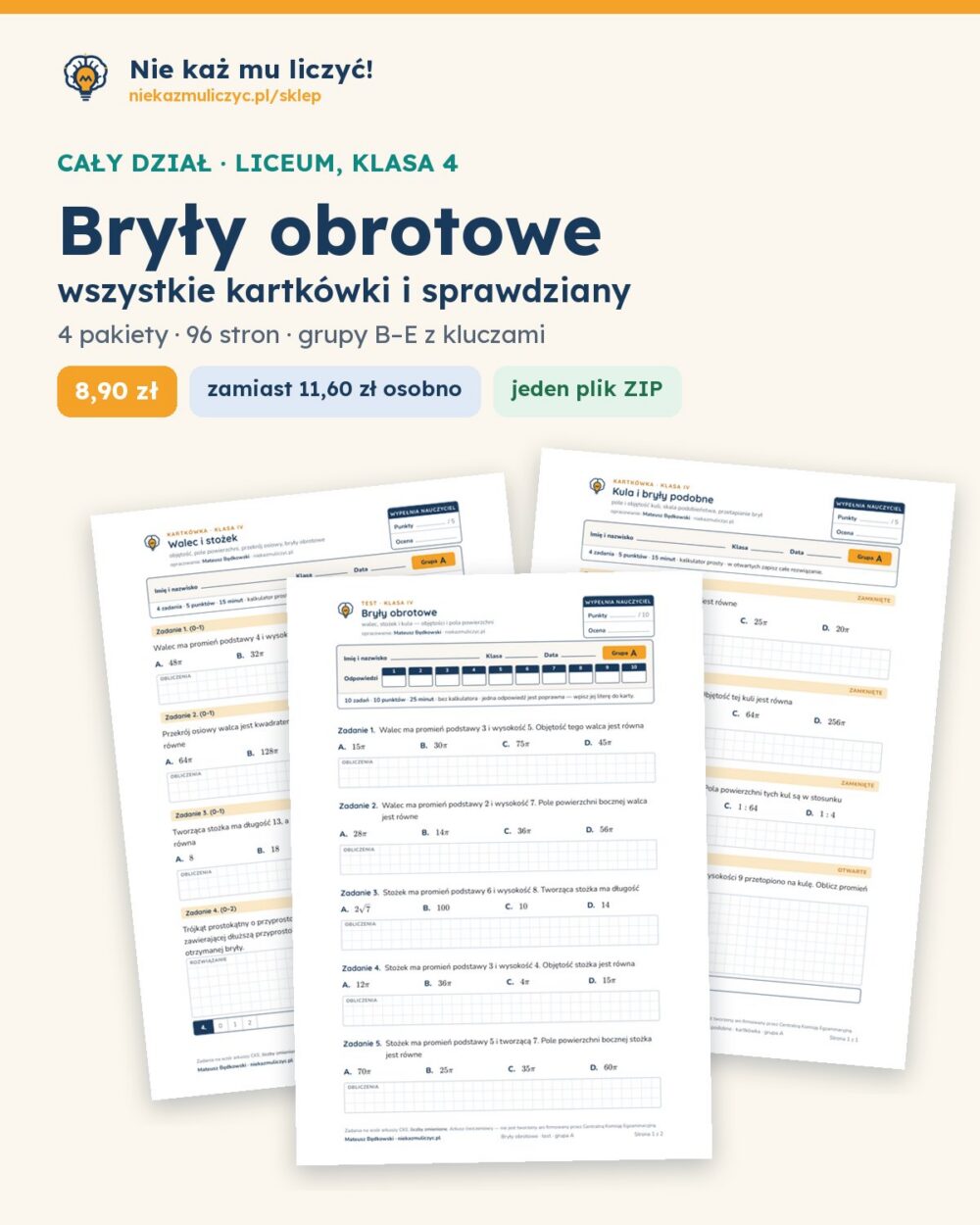 Bryły obrotowe — cały dział, liceum, klasa 4 (4 pakiety) — okładka pakietu