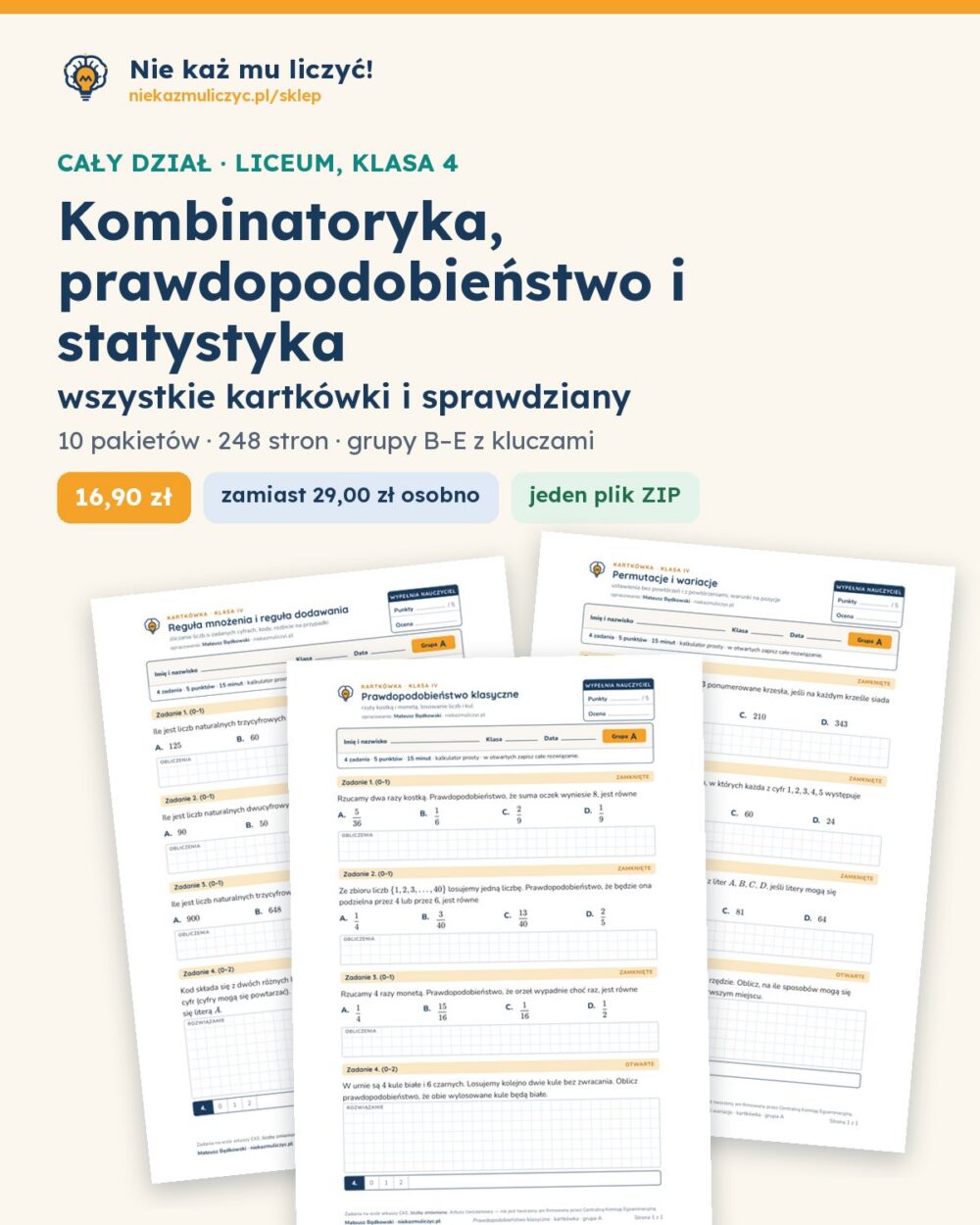 Kombinatoryka, prawdopodobieństwo i statystyka — cały dział, liceum, klasa 4 (10 pakietów) — okładka pakietu