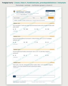 Kombinatoryka, prawdopodobieństwo i statystyka — cały dział, liceum, klasa 4 (10 pakietów) — podgląd karty „Permutacje i wariacje — kartkówka”