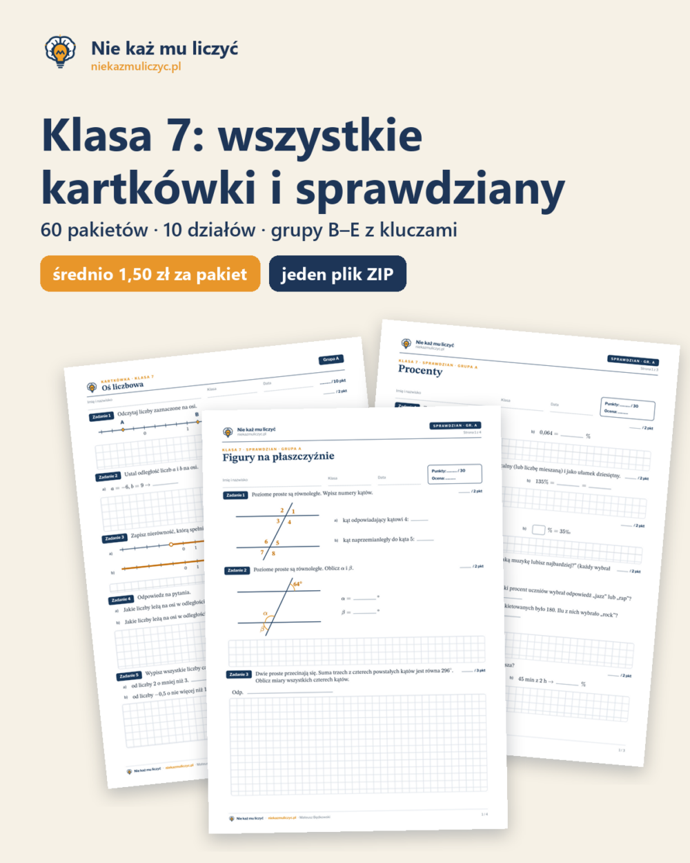 Klasa 7 — wszystkie kartkówki i sprawdziany (60 pakietów) — okładka