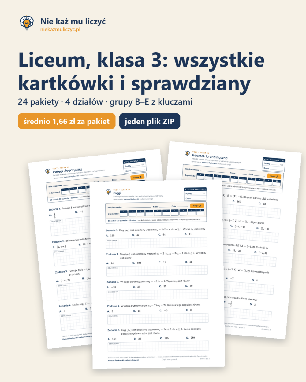 Liceum, klasa 3 — wszystkie kartkówki i sprawdziany (24 pakiety) — okładka