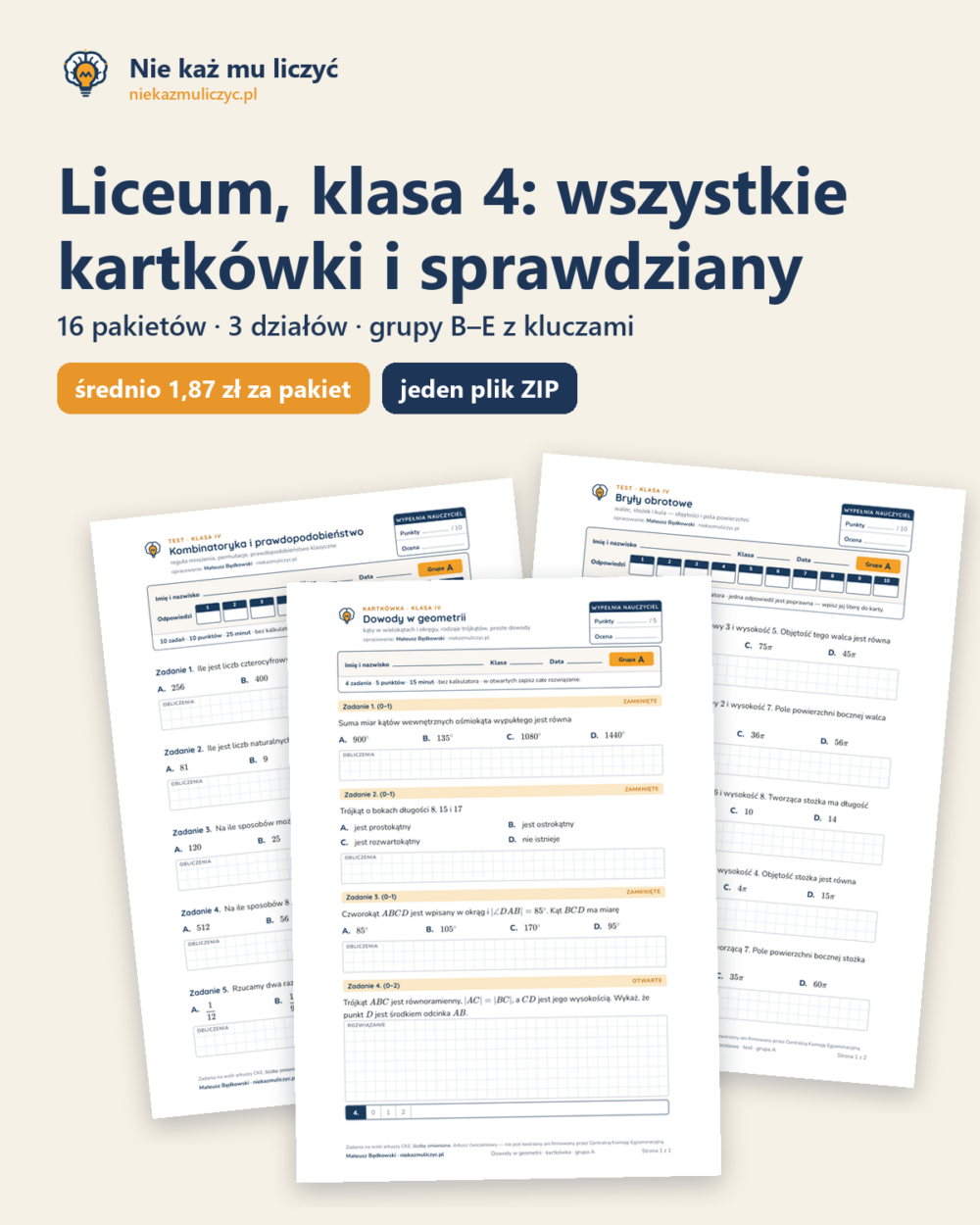 Liceum, klasa 4 — wszystkie kartkówki i sprawdziany (16 pakietów) — okładka