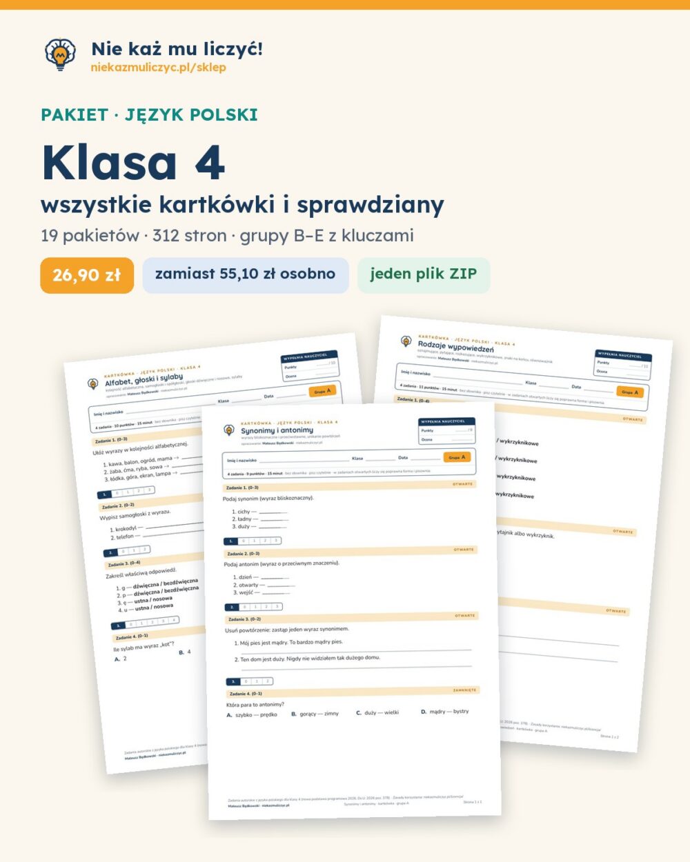 Polski, klasa 4 — komplet kartkówek i sprawdzianów (12 pakietów) — okładka pakietu