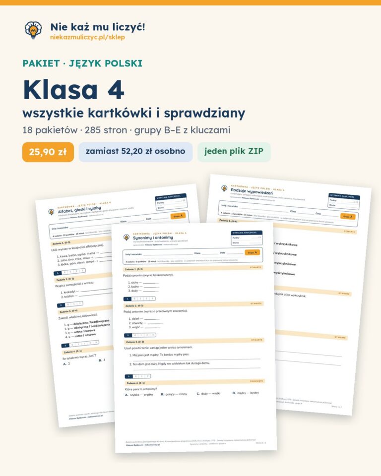 Polski, klasa 4 — komplet kartkówek i sprawdzianów (12 pakietów) — okładka pakietu
