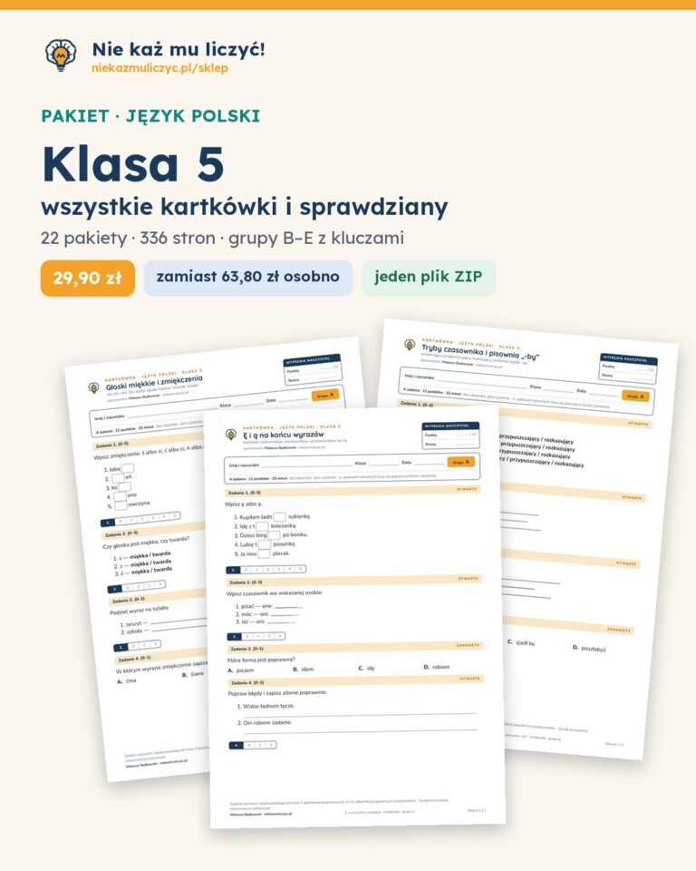 Polski, klasa 5 — komplet kartkówek i sprawdzianów (15 pakietów) — okładka pakietu