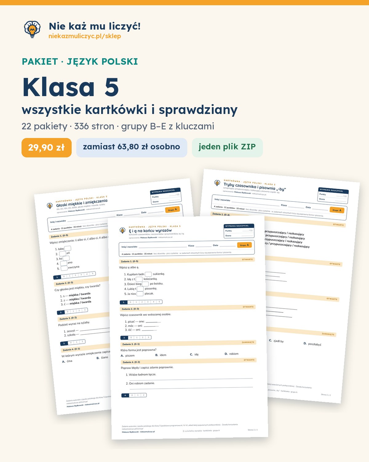 Okładka: Polski, klasa 5 — komplet kartkówek i sprawdzianów (22 pakietów)