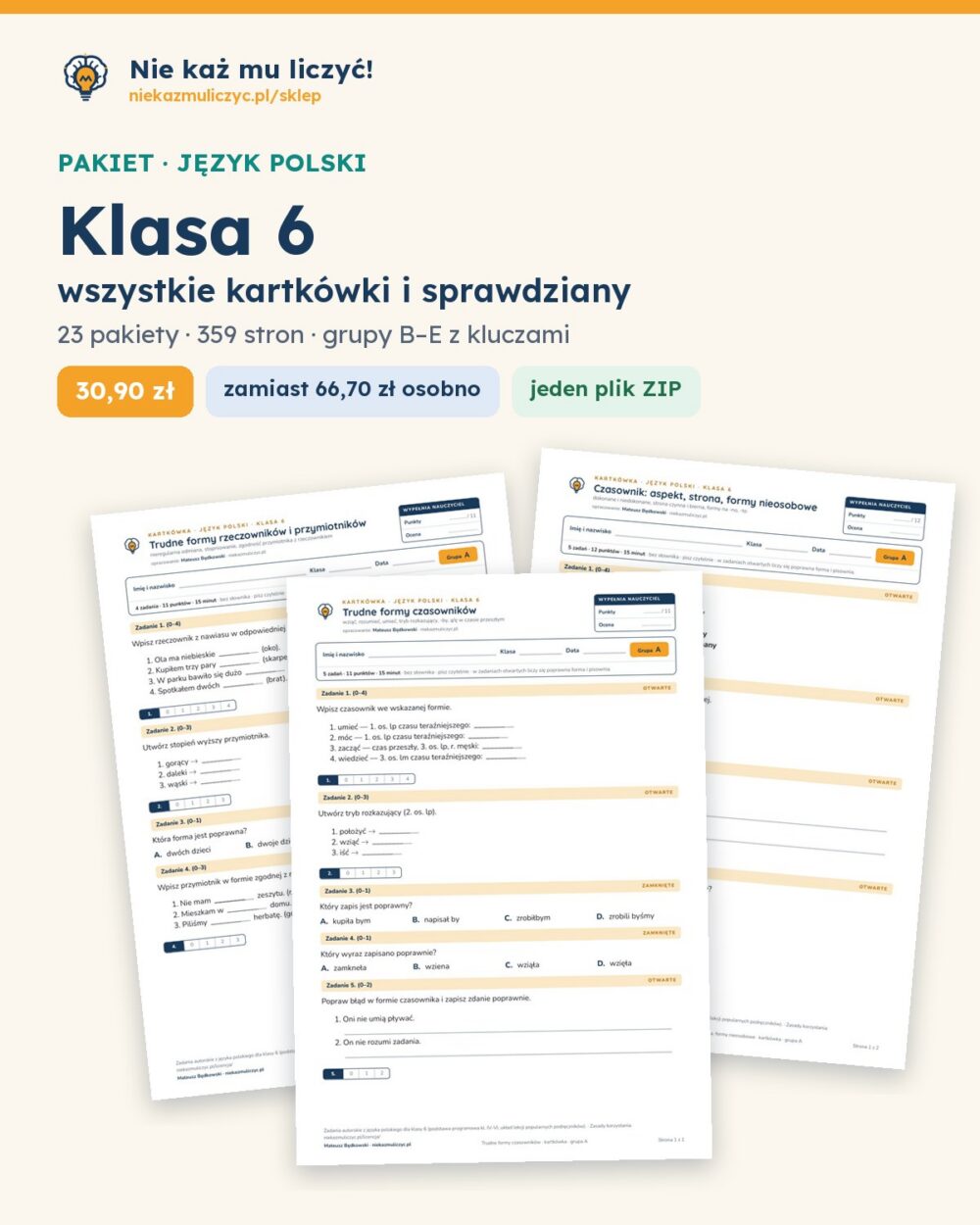 Polski, klasa 6 — komplet kartkówek i sprawdzianów (19 pakietów) — okładka pakietu