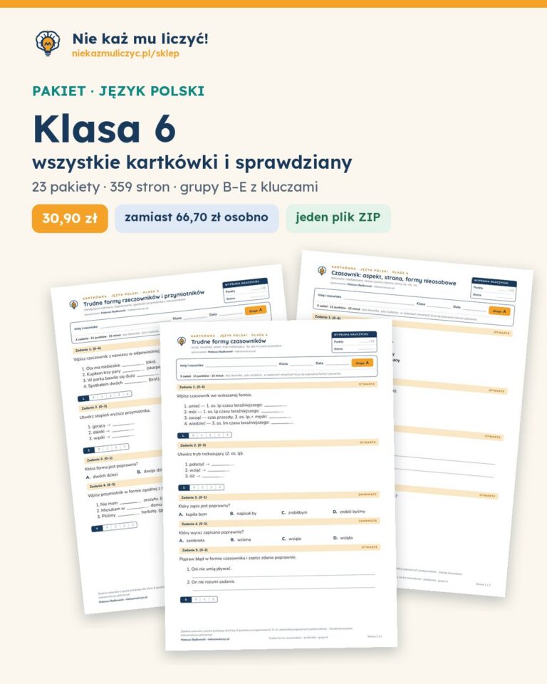 Polski, klasa 6 — komplet kartkówek i sprawdzianów (19 pakietów) — okładka pakietu