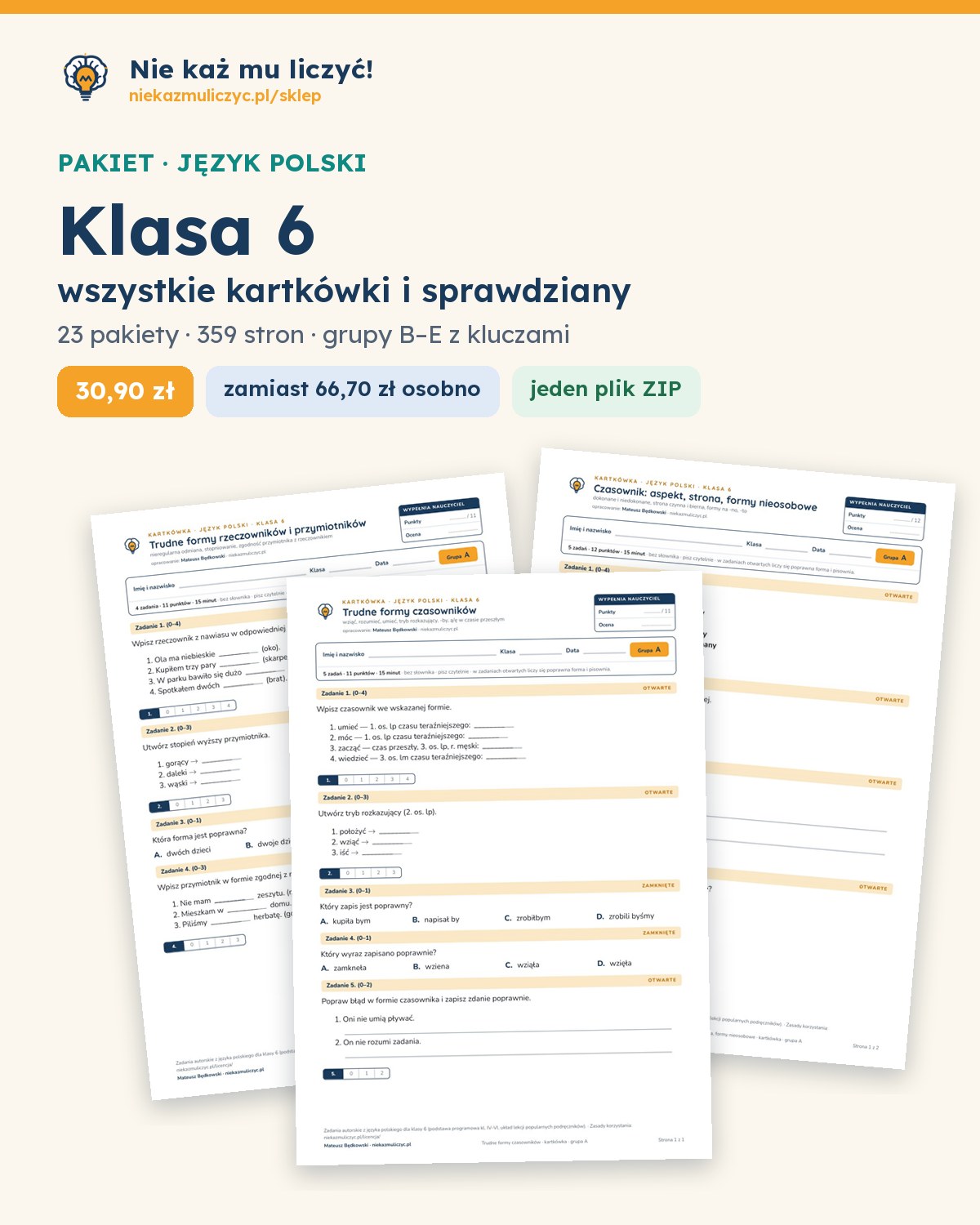 Okładka: Polski, klasa 6 — komplet kartkówek i sprawdzianów (23 pakietów)