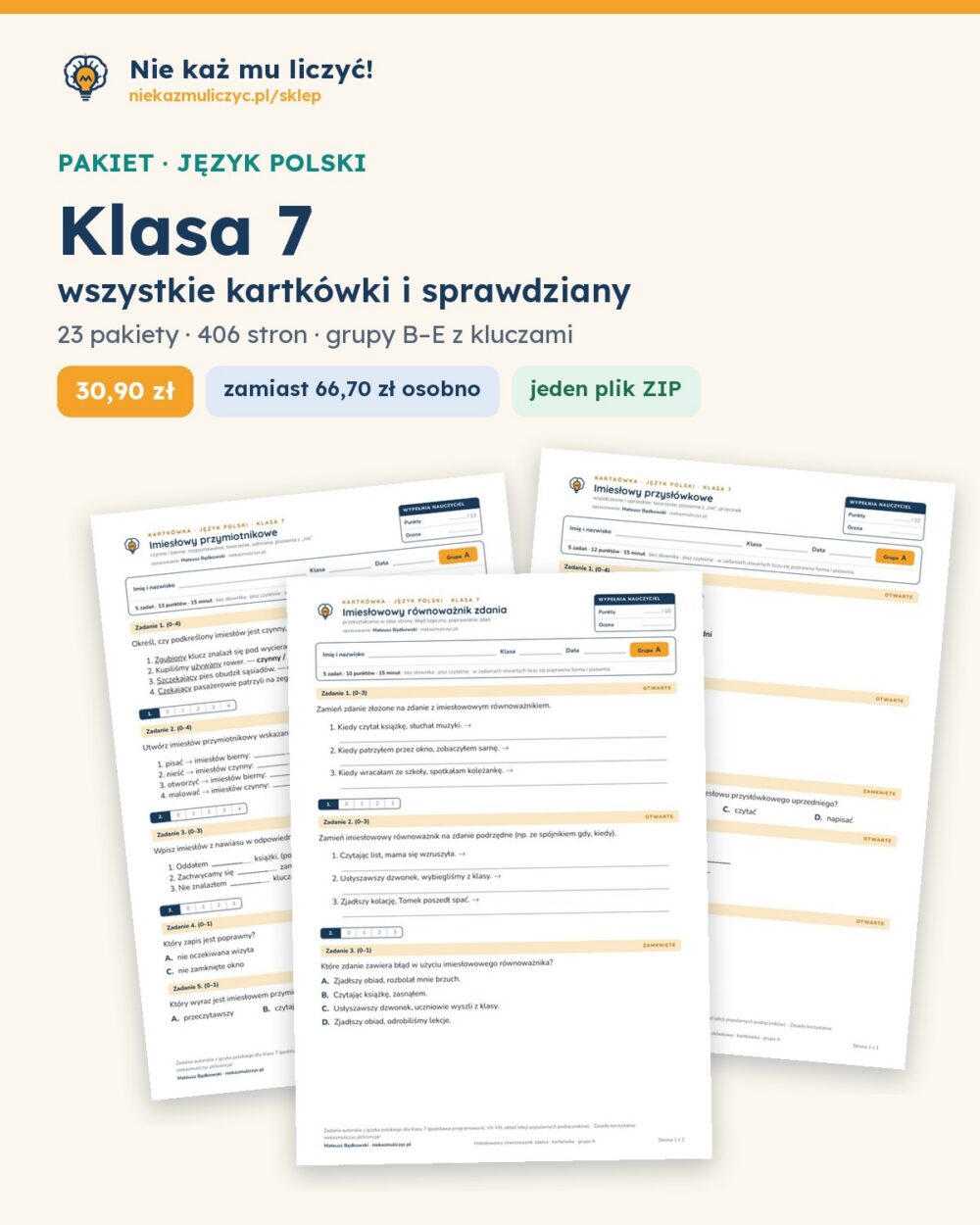 Polski, klasa 7 — komplet kartkówek i sprawdzianów (19 pakietów) — okładka pakietu