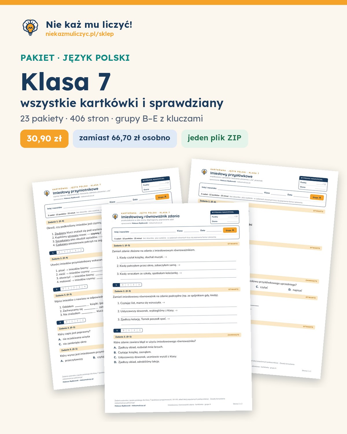 Okładka: Polski, klasa 7 — komplet kartkówek i sprawdzianów (23 pakietów)