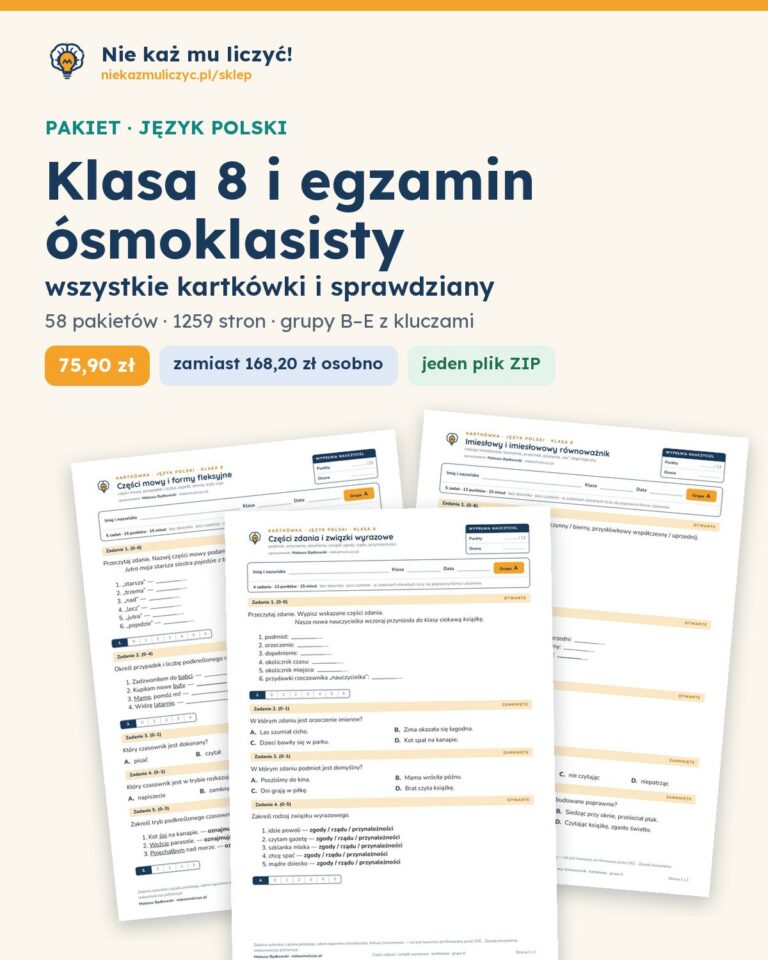 Polski, klasa 8 i E8 — komplet kartkówek i sprawdzianów (49 pakietów) — okładka pakietu