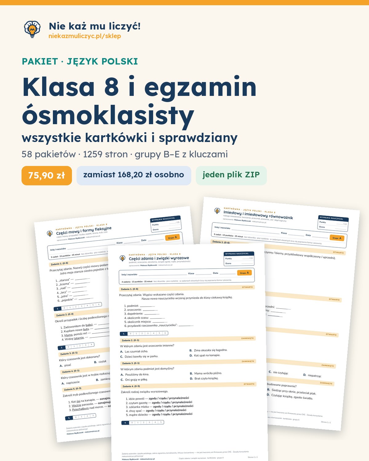 Okładka: Polski, klasa 8 i E8 — komplet kartkówek i sprawdzianów (58 pakietów)