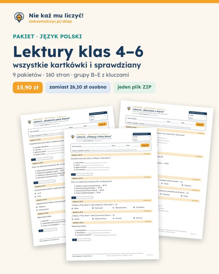 Polski, lektury kl. 4–6 — komplet kartkówek (9 pakietów) — okładka pakietu