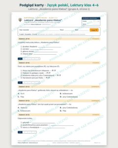 Polski, lektury kl. 4–6 — komplet kartkówek (9 pakietów) — podgląd karty „Lektura: „Akademia pana Kleksa””