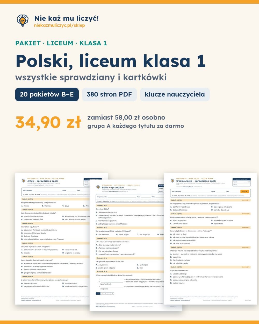 Polski, liceum klasa 1 — wszystkie sprawdziany i kartkówki — pierwsza strona arkusza grupy A