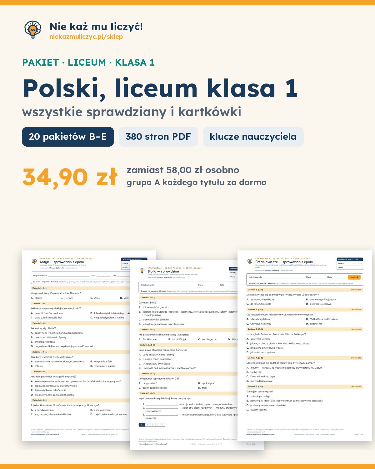 Okładka: Polski, liceum klasa 1 — wszystkie sprawdziany i kartkówki