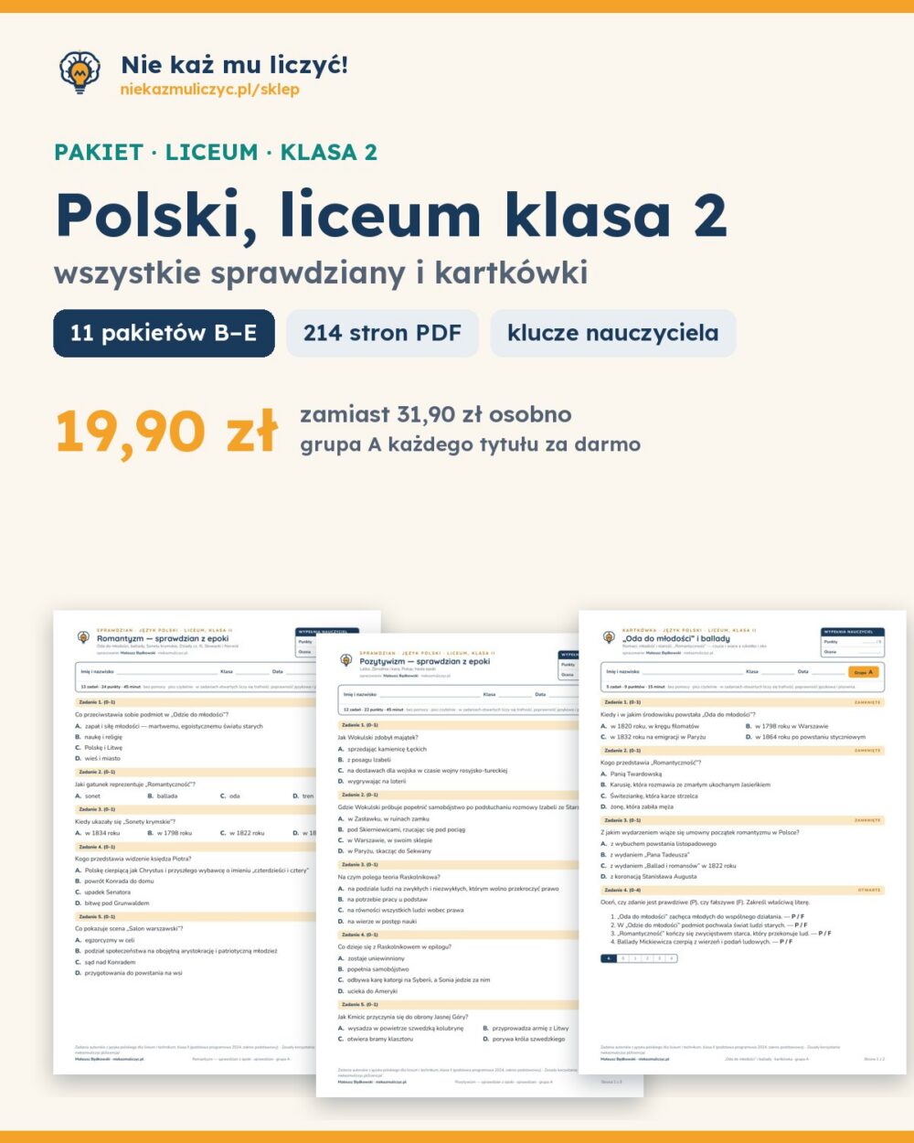 Polski, liceum klasa 2 — wszystkie sprawdziany i kartkówki — pierwsza strona arkusza grupy A