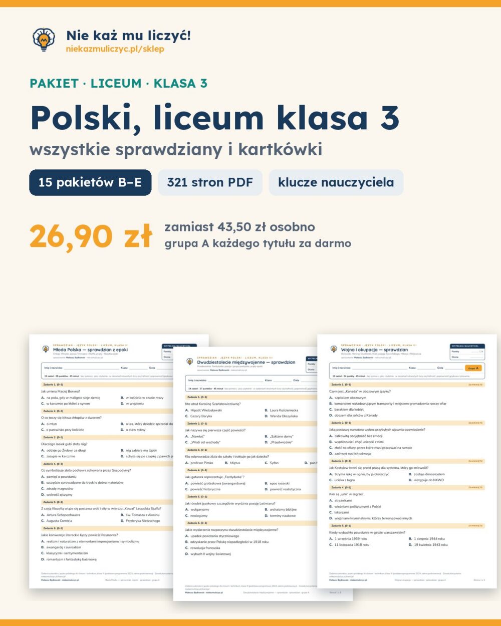 Polski, liceum klasa 3 — wszystkie sprawdziany i kartkówki — pierwsza strona arkusza grupy A