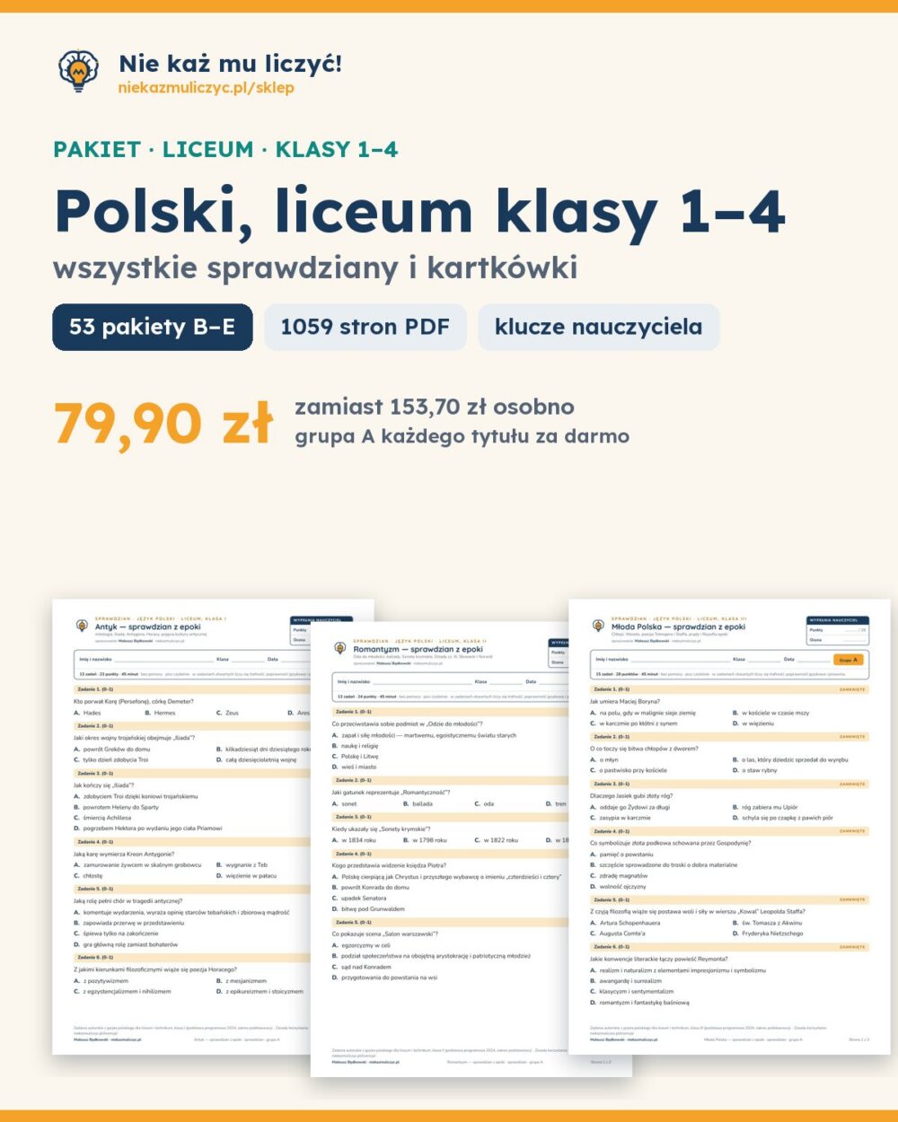 Polski, liceum klasy 1–4 — wszystkie sprawdziany i kartkówki — pierwsza strona arkusza grupy A